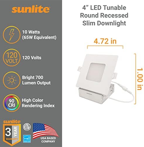 Sunlite 87708 LED 4-Инчов Квадратен Една лампа Slim Downlight, 10 W, 650 лумена, С възможност за настройка на цветовете 27/30/35/40