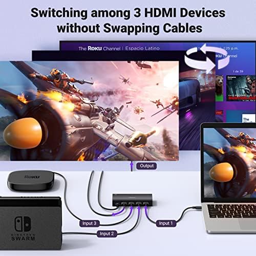 UGREEN HDMI комутатор 4K @ 60Hz, HDMI сплитер 3 в 1 Изход, Поддръжка на 3D, HDR Dolby Atmos HDCP2.2 HDMI Комутатор с дистанционно управление е Съвместим с PS5/4/3 Xbox, Nintendo Switch Roku Apple TV Stick Fire