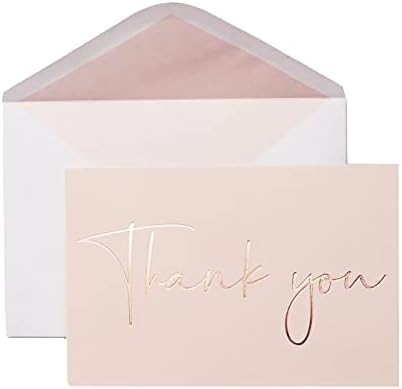 Всички опакован Подарък 50 Картички с Благодарност от фолио от розово злато в Розово Румянах с Цветен Вътрешен Плик и стикер за запечатване от Розово злато