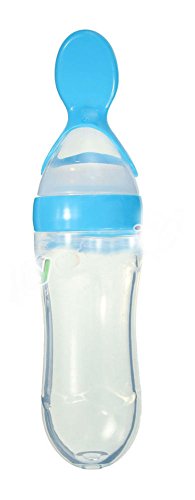 Сигурна бутилка за хранене със силиконова лъжица за раздаване на детска храна (в синьо)