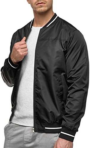Якета за мъже - Мъжко яке-бомбер в ивица с Наклонени джобове (Цвят: Черен, Размер: Малък)