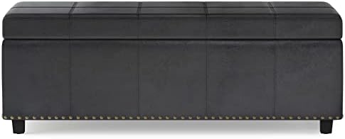 Табуретка за съхранение на SIMPLIHOME Kingsley ширина 48 см с преходна правоъгълно отгоре с лифта от изтъркан черна изкуствена кожа с Много място за съхранение в хола, антрет