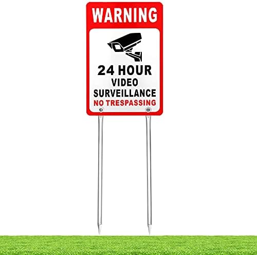 Знак за видеонаблюдение Kichwit, Отразяваща Метален знак изземат, Двустранен Алуминиев Знак двор с тояги в пакет, Размери 11,8 x 7,9