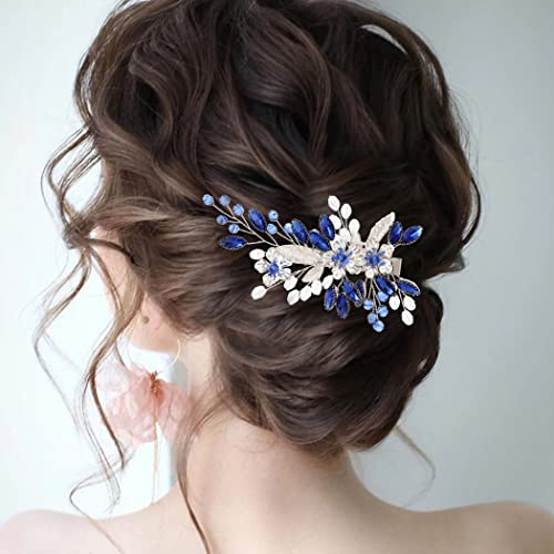 Плоски сватбени фиби за коса със сини кристали, сребърни цветя, щипки за коса на булката, лист, сватбени аксесоари за коса за жени