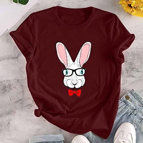Тениски с образа на Великденския заек за момичета, летни ежедневни тениски с кръгло деколте и къси ръкави и сладък заек, върхове