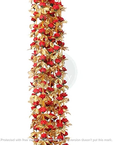 Венец от изкуствени цветя за декорация -155 см / 5 фута, Червено-Златно -Опаковка от 4 броя