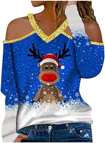 BEUU/ Женски Коледни Тениски с V-образно деколте и Коледните принтом, Върхове с открити рамене и дълъг Ръкав, Ежедневни 3D Графични