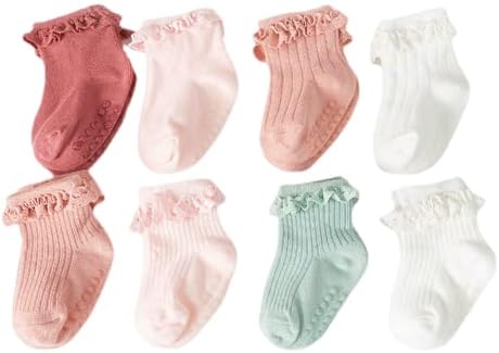 JUNOAI / Нескользящие чорапи за малки момичета - Нескользящий дизайн с волани и дръжки за дете 0-3 години (опаковка от 8 броя)