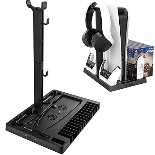 Поставка AuyKoo за PS5 с зареждащата станция с двама ръководители и охлаждащ вентилатор за Playstation 5, Мултифункционална Поставка