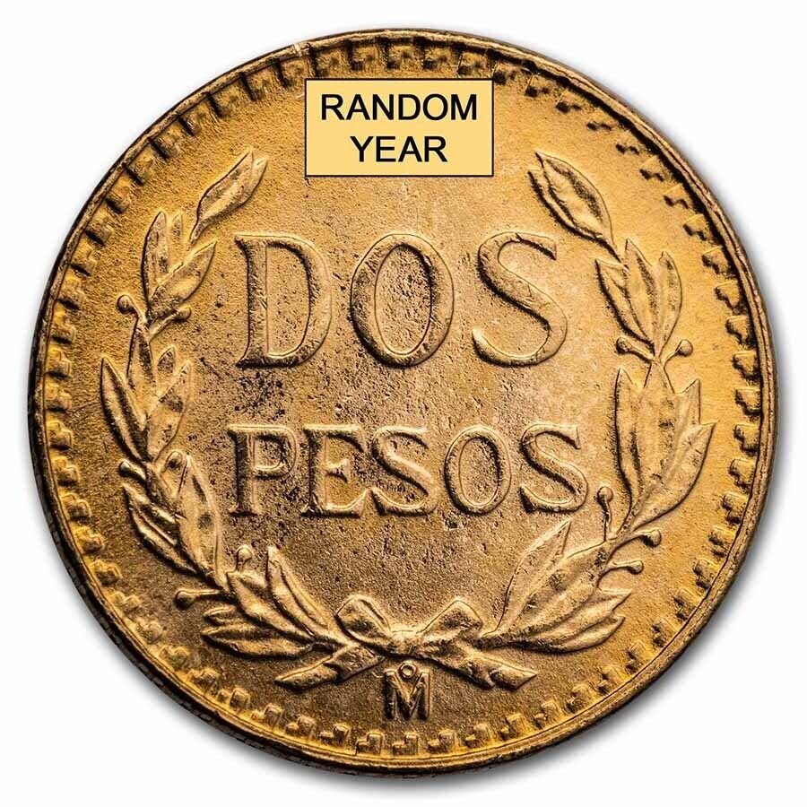 Мексикански монети от 90-процентен злато Mo Dos Peso 1919-1948 години на освобождаването. Малка историческа мексико златна монета