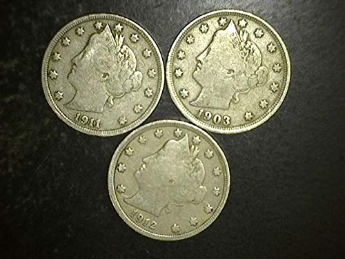 от 1883 в 1912 година пет цента за главата на Свободата на САЩ (на Фризьор) - Комплект от 3 монети - Всички монети на ПЪЛНА СВОБОДА - 3 различни дати