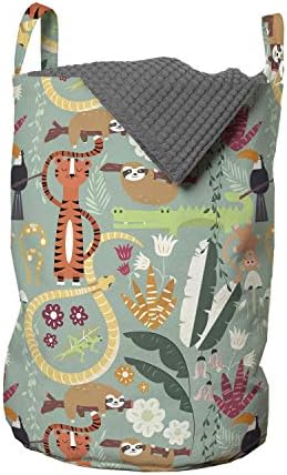 Чанта за дрехи Ambesonne Jungle, с участието на Екзотични Тропически гори и Забавни животни, Тигър, Змия, Ленивца, Кошница за дрехи