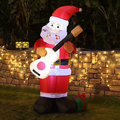 yofit Коледен Надуваем 7-Крак Дядо Коледа с Китара, Надуваеми Украшения за улицата, Дядо с Подарочными Кутии, идеален за Двора,