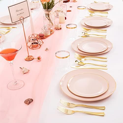 LIYH 180 бр. Набор от розови пластмасови чинии и златен пластмасови съдове и прибори -Включва 30 розови великденски чинии, 30 розови