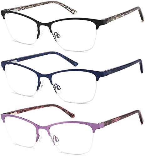HOTJOJO, 3 опаковки очила за четене за жени, Метална дограма, Принудителна синя светлина, компютърни очила за четене, филтър за