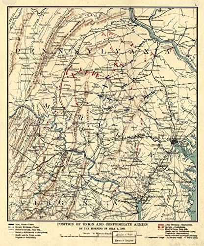 Карта 1863 г. | населено Място армии Съюз и на Конфедерацията на сутринта на 1 юли 1863 г.| Да