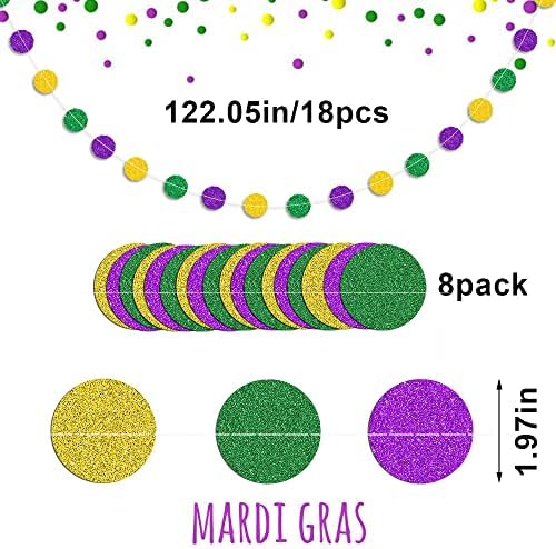 8 Опаковки Висящи Гирлянди за Марди Грас, Блестящ Зелено-Лилава Венец в златен кръг на Точки за Украса на Mardi Gras, Карнавалните